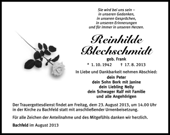 Traueranzeige von Reinhilde Blechschmidt von Südthüringer Presse