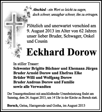 Traueranzeige von Eckhard Dorow von Südthüringer Presse