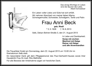 Traueranzeige von Anni Beck von Frankenpost