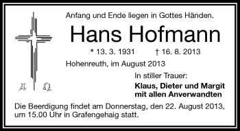 Traueranzeige von Hans Hofmann von Frankenpost