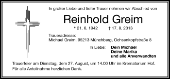 Traueranzeige von Reinhold Greim von Frankenpost