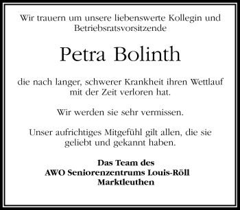 Traueranzeige von Petra Bolinth von Frankenpost