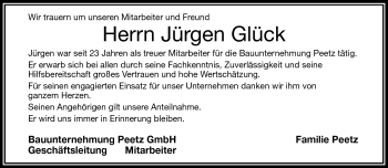 Traueranzeige von Jürgen Glück von Frankenpost
