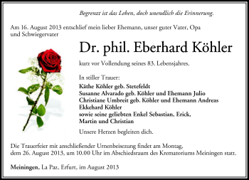 Traueranzeige von Eberhard Köhler von Südthüringer Presse