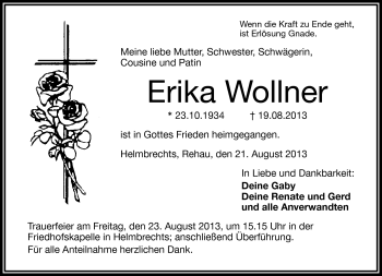 Traueranzeige von Erika Wollner von Frankenpost