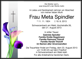 Traueranzeige von Meta Spindler von Frankenpost