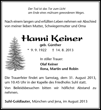 Traueranzeige von Hanni Keiner von Südthüringer Presse