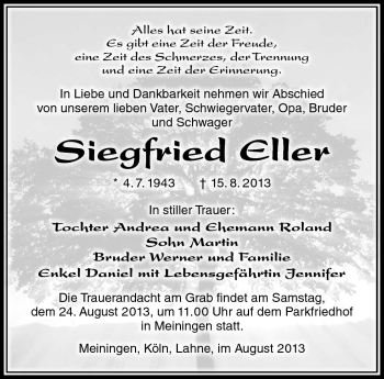 Traueranzeige von Siegfried Eller von Südthüringer Presse