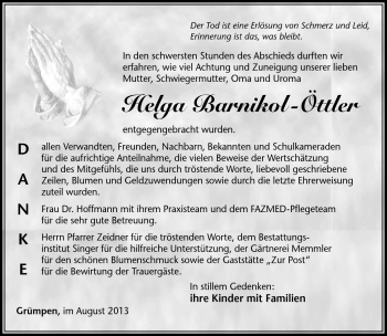 Traueranzeige von Helga Barnikol-Öttler von Südthüringer Presse