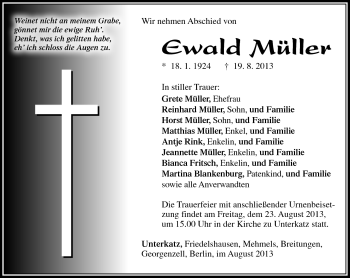 Traueranzeige von Ewald Müller von Südthüringer Presse