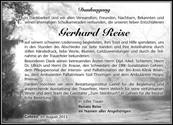 Traueranzeige von Gerhard Reise von Südthüringer Presse