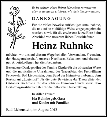 Traueranzeige von Heinz Ruhnke von Südthüringer Presse