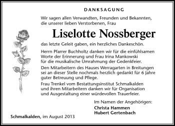 Traueranzeige von Liselotte Nossberger von Südthüringer Presse