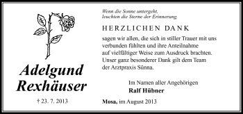 Traueranzeige von Adelgund Rexhäuser von Südthüringer Presse