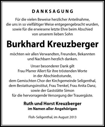 Traueranzeige von Burkhard Kreuzberger von Südthüringer Presse