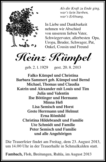 Traueranzeige von Heinz Kümpel von Südthüringer Presse