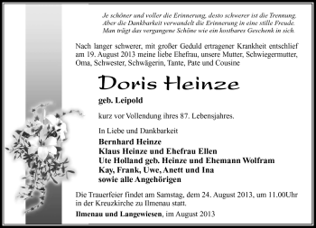 Traueranzeige von Doris Heinze von Südthüringer Presse