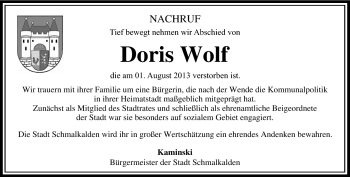 Traueranzeige von Doris Wolf von Südthüringer Presse