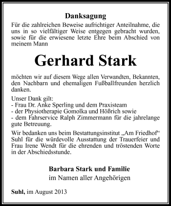 Traueranzeige von Gerhard Stark von Südthüringer Presse
