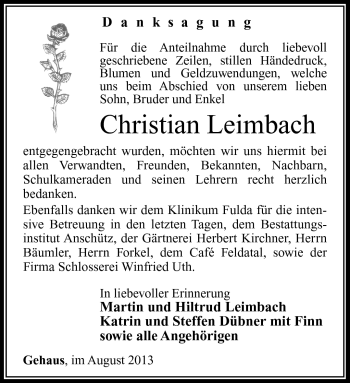 Traueranzeige von Christian Leimbach von Südthüringer Presse
