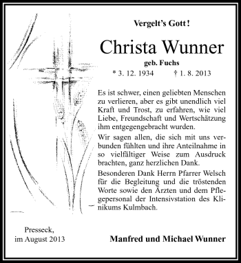 Traueranzeige von Christa Wunner von Frankenpost