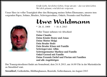 Traueranzeige von Uwe Waldmann von Südthüringer Presse