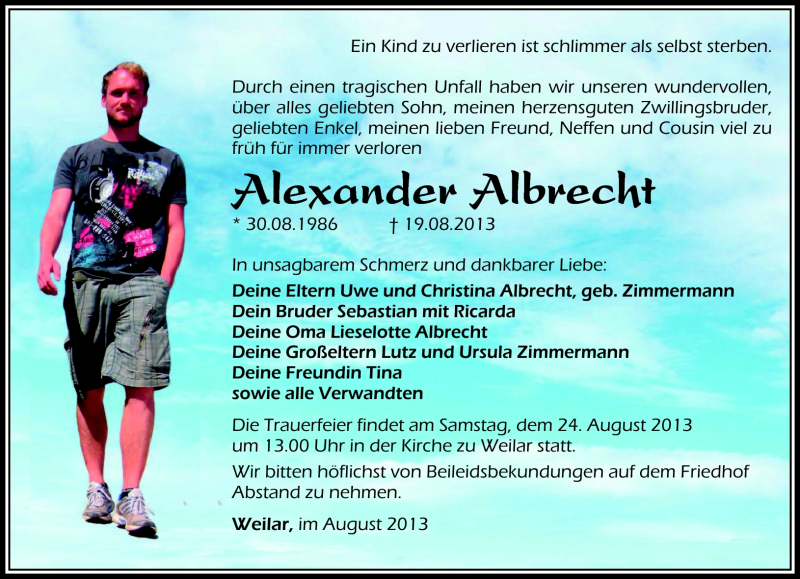  Traueranzeige für Alexander Albrecht vom 22.08.2013 aus Südthüringer Presse