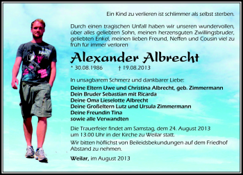 Traueranzeige von Alexander Albrecht von Südthüringer Presse