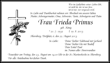 Traueranzeige von Frieda Primus von Frankenpost