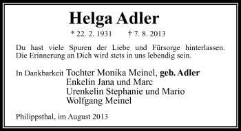 Traueranzeige von Helga Adler von Südthüringer Presse