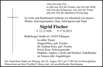 Traueranzeige von Sigrid Fischer von Neue Presse Coburg