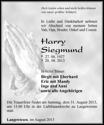 Traueranzeige von Harry Siegmund von Südthüringer Presse