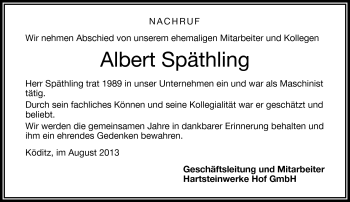 Traueranzeige von Albert Späthling von Frankenpost