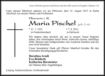 Traueranzeige von Maria Pischel von Südthüringer Presse