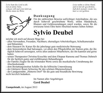 Traueranzeige von Sylvio Deubel von Südthüringer Presse