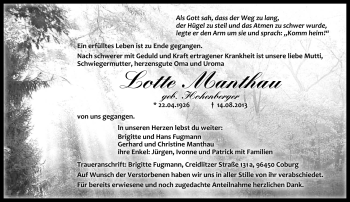 Traueranzeige von Lotte Manthau von Frankenpost
