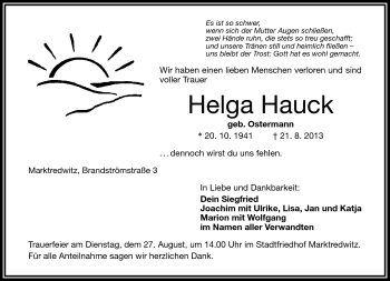 Traueranzeige von Helga Hauck von Frankenpost