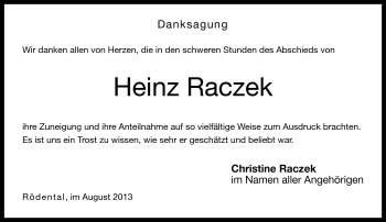 Traueranzeige von Heinz Raczek von Neue Presse Coburg