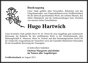Traueranzeige von Hugo Hartwich von Südthüringer Presse