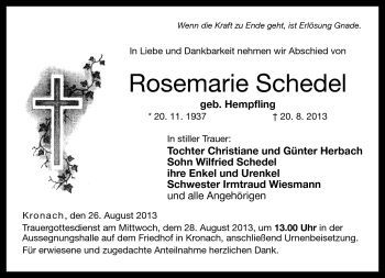Traueranzeige von Rosemarie Schedel von Neue Presse Coburg
