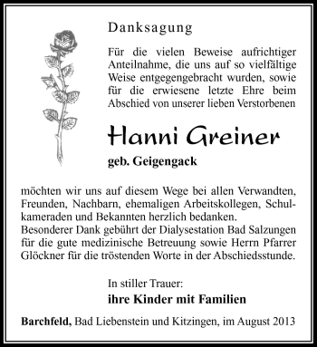 Traueranzeige von Hanni Greiner von Südthüringer Presse