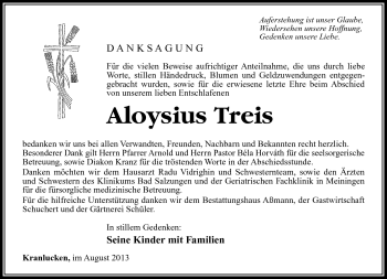 Traueranzeige von Aloysius Treis von Südthüringer Presse