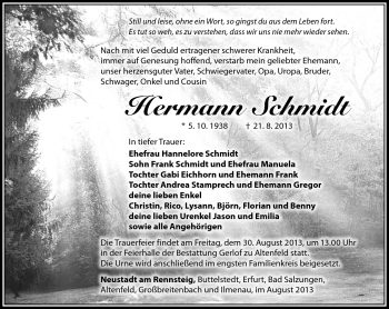 Traueranzeige von Hermann Schmidt von Südthüringer Presse