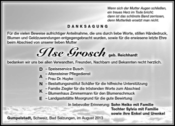Traueranzeige von Ilse Grosch von Südthüringer Presse