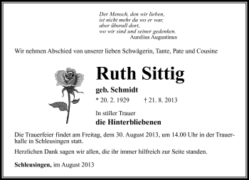 Traueranzeige von Ruth Sittig von Südthüringer Presse