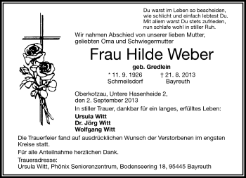 Traueranzeige von Hilde Weber von Frankenpost