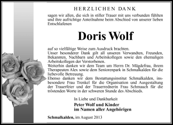 Traueranzeige von Doris Wolf von Südthüringer Presse