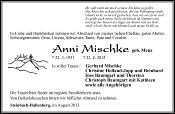Traueranzeige von Anni Mischke von Südthüringer Presse