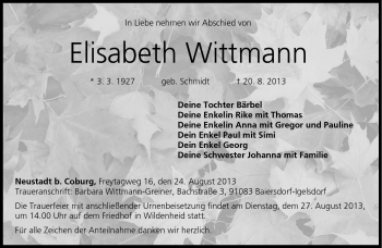 Traueranzeige von Elisabeth Wittmann von Neue Presse Coburg