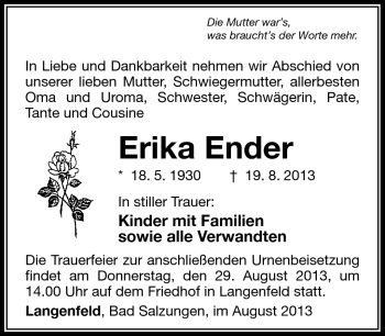 Traueranzeige von Erika Ender von Südthüringer Presse